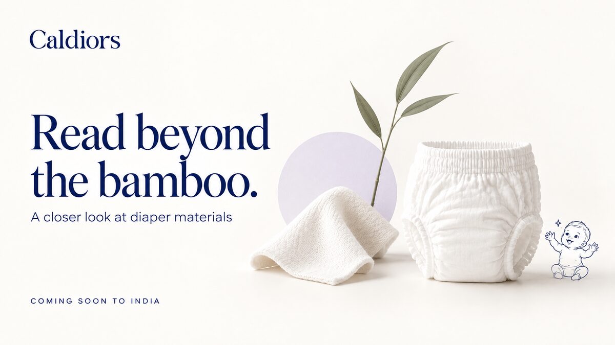 Caldiors 'Read beyond the bamboo' – a white pant style diaper beside a soft fabric swatch and a bamboo sprig