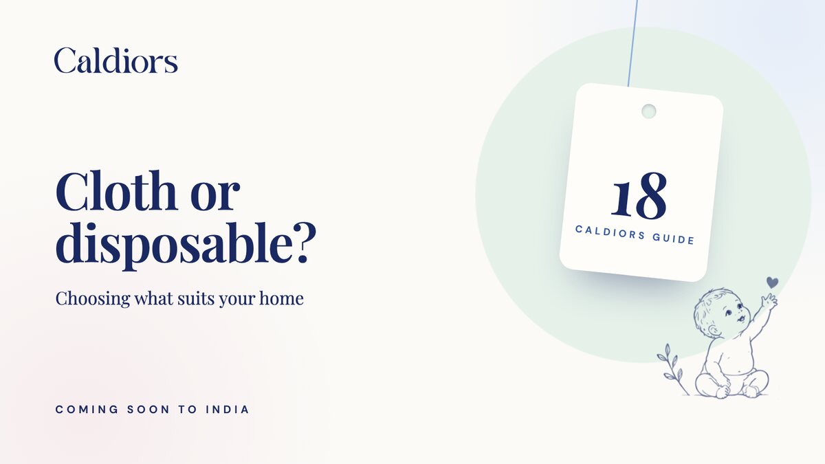 Caldiors guide 18 cover: 'Cloth or disposable?', choosing what suits your home, with a hanging number tag and a baby illustration