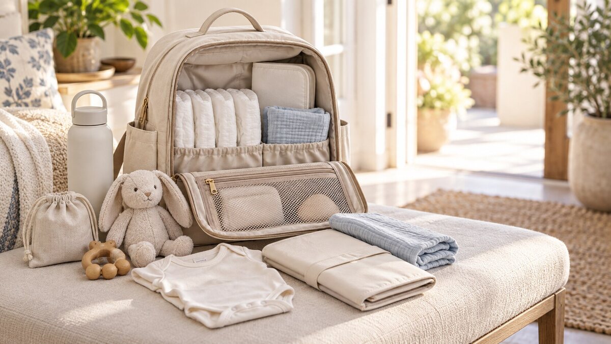 An open cream diaper backpack packed with white diapers, a blue muslin, a folded changing mat, a baby bodysuit, a water bottle and a small soft toy