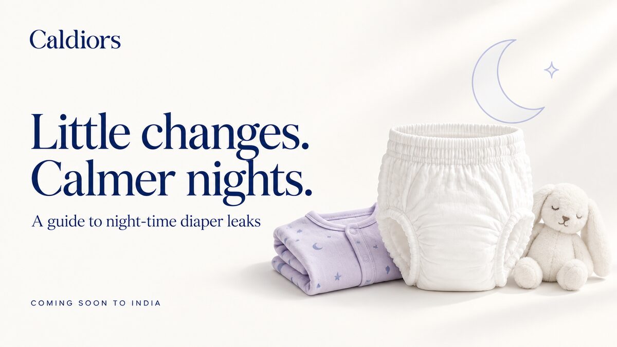 Caldiors 'Little changes. Calmer nights.' – a white pant style diaper beside folded lilac pyjamas and a sleeping plush bunny under a crescent moon