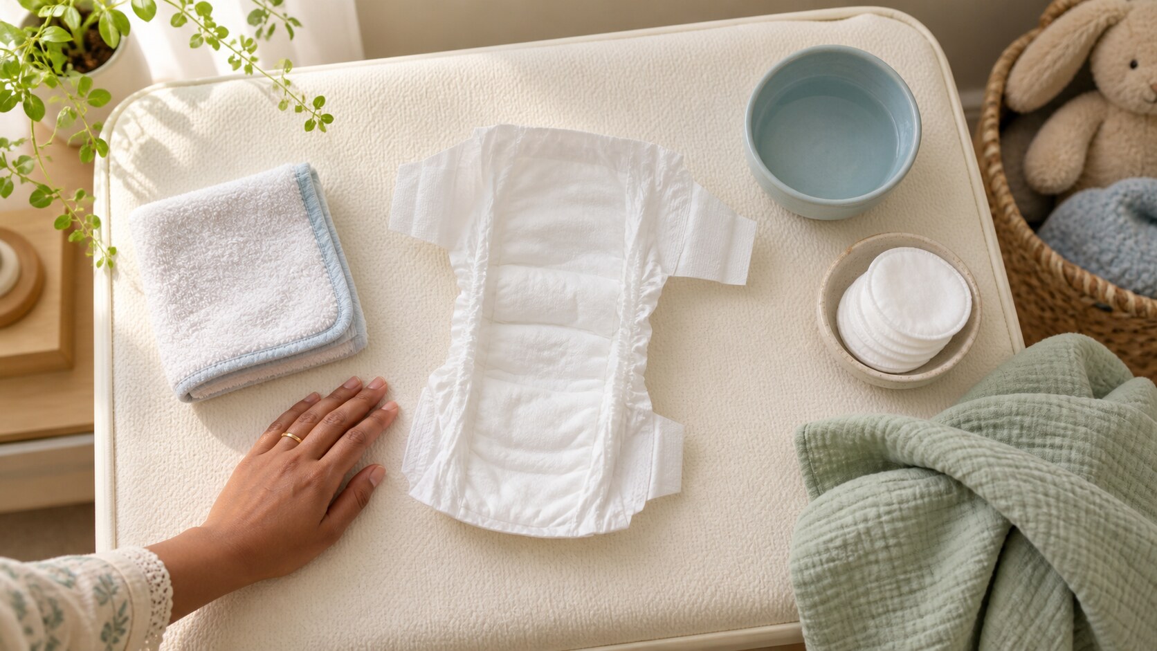 A clean white diaper with a soft washcloth, water bowl, cotton pads and pale green muslin prepared for gentle skin care