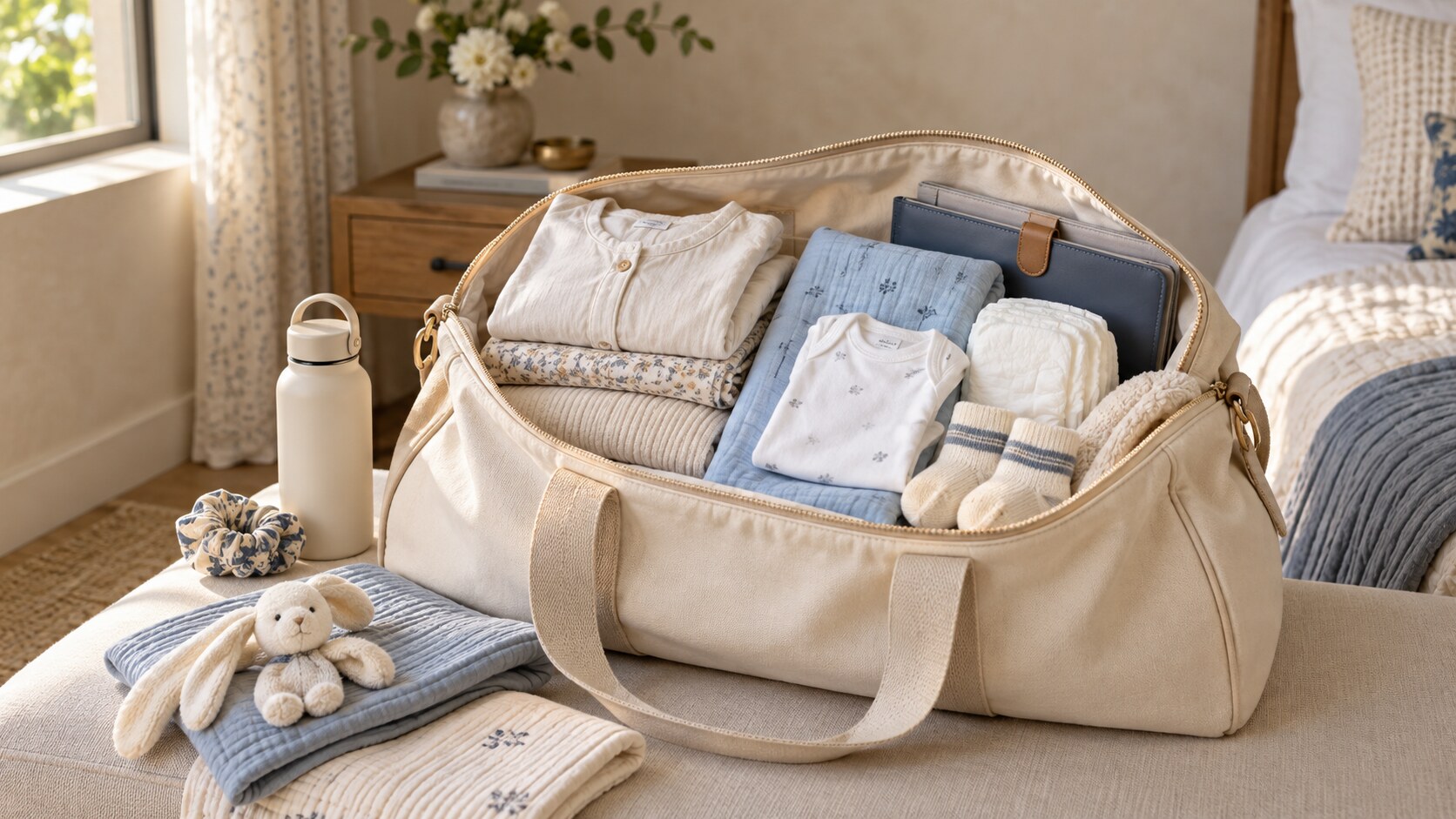 An open cream hospital bag thoughtfully packed with maternity clothing, newborn clothes, diapers, muslin and socks