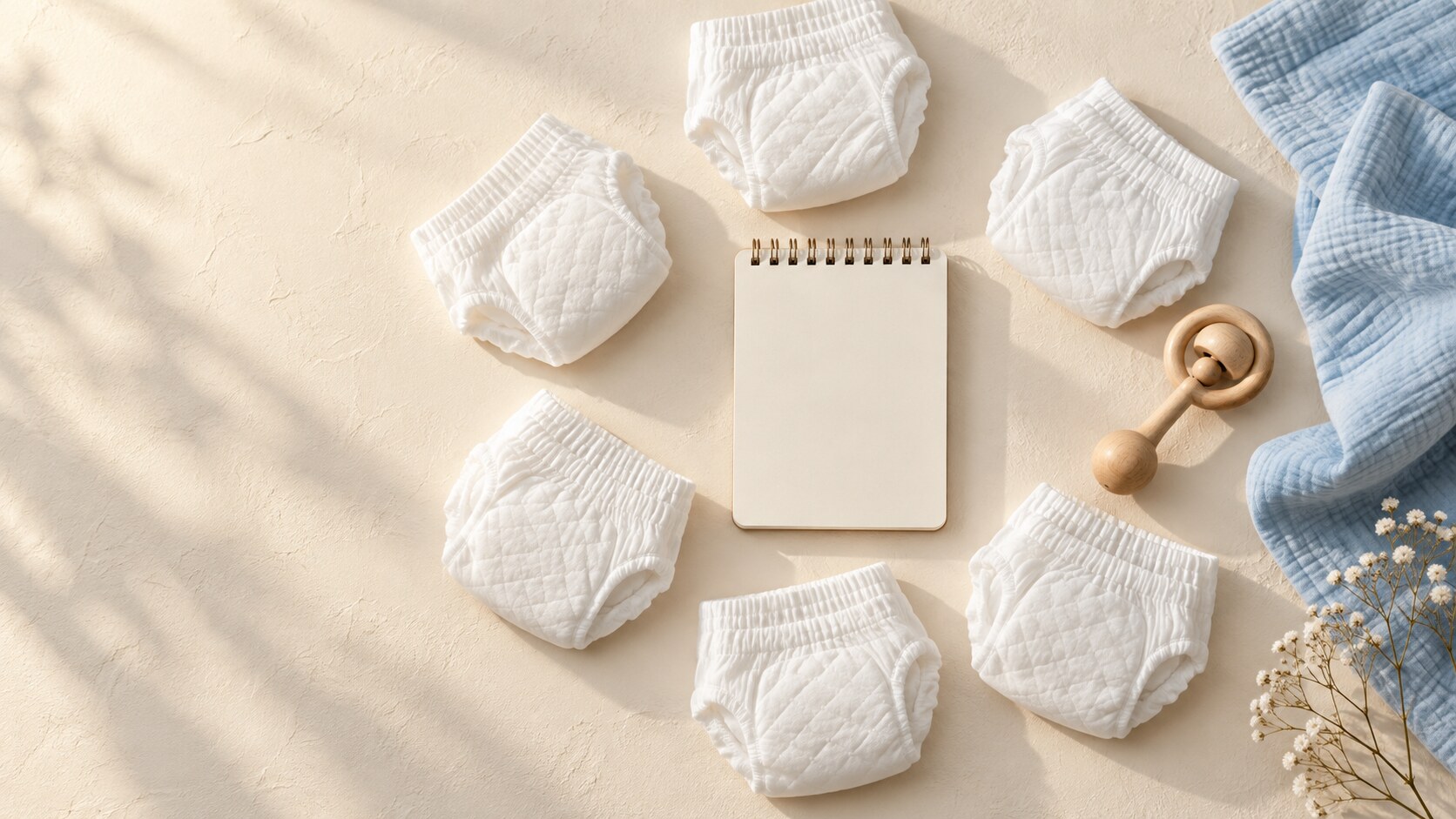 Plain white pant style diapers arranged around a blank day planner with a wooden baby rattle and powder blue muslin