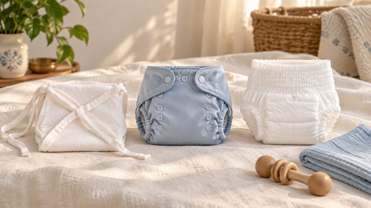A white cotton langot, a powder blue reusable cloth diaper and a white disposable pant diaper arranged side by side on a cream bedspread in soft morning light