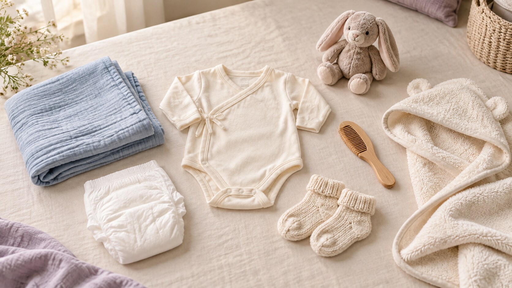 A calm flat lay of newborn essentials including a diaper, wrap-front onesie, muslin swaddle, socks, towel and wooden comb