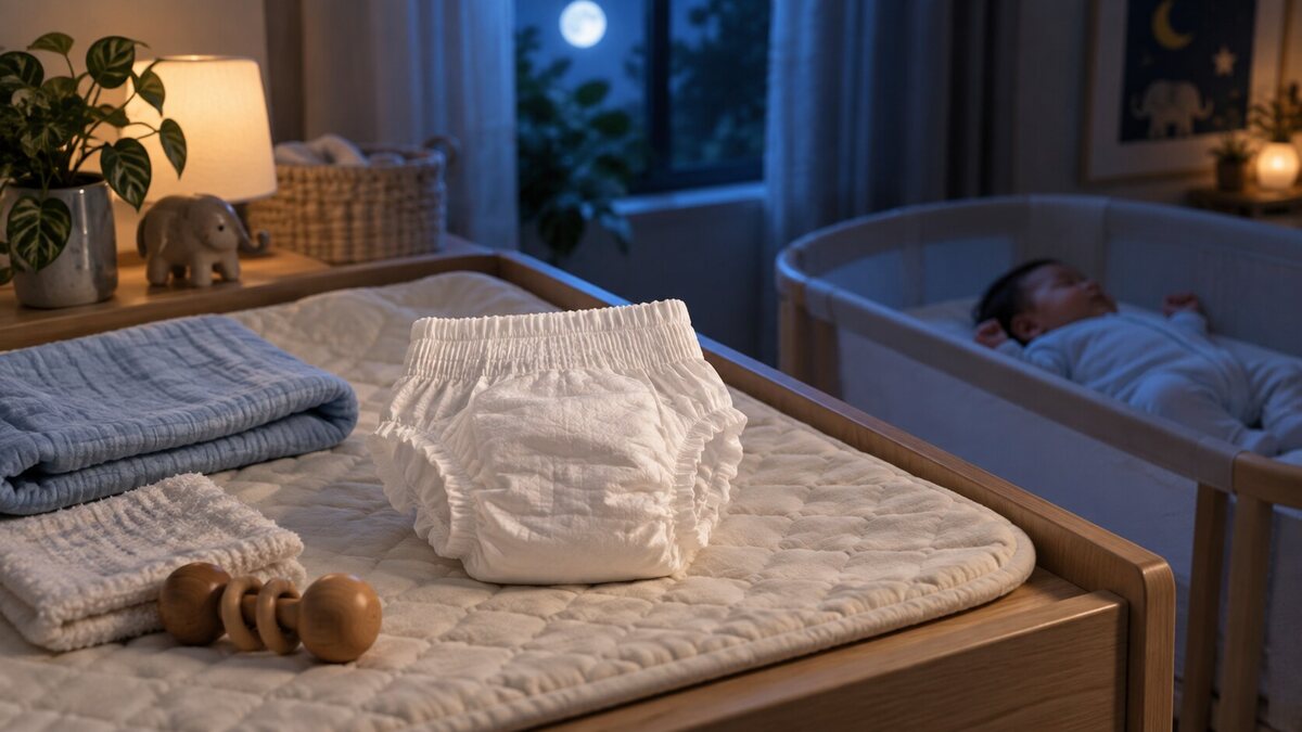 A clean white diaper laid ready on a softly lit night-time changing station, with a baby sleeping safely in a bassinet in the background