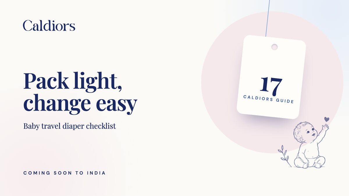 Caldiors guide 17 cover: 'Pack light, change easy', a baby travel diaper checklist, with a hanging number tag and a baby illustration