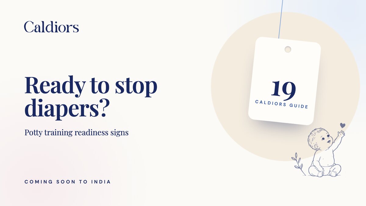 Caldiors guide 19 cover: 'Ready to stop diapers?', potty training readiness signs, with a hanging number tag and a baby illustration