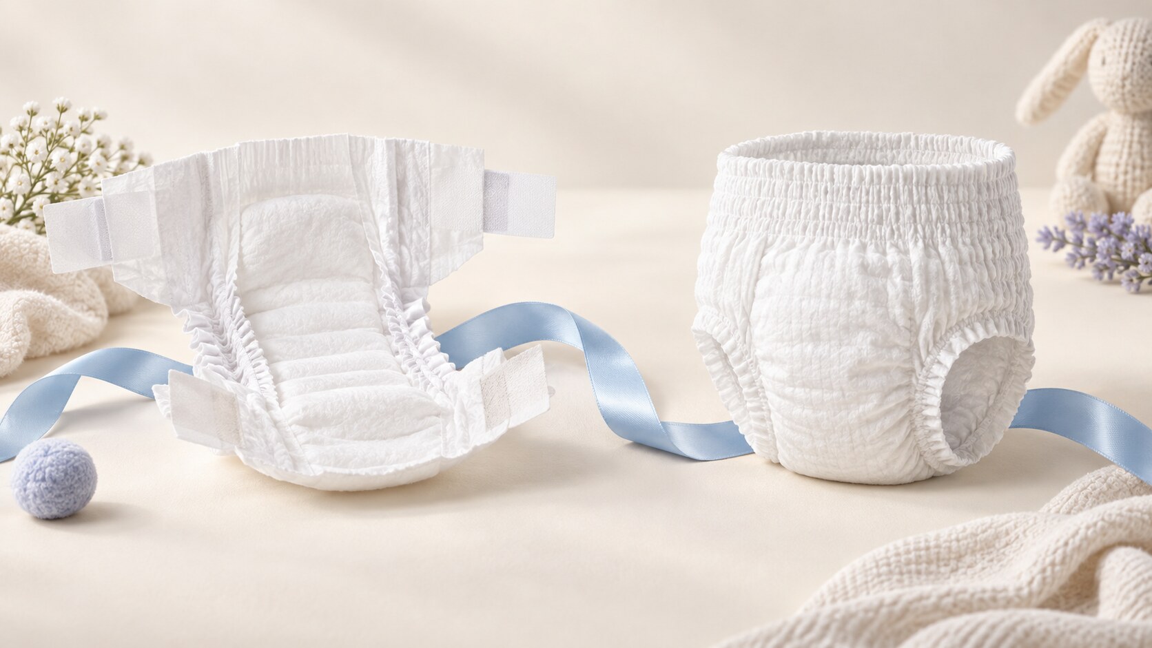 A white tape style diaper and pant style diaper side by side, joined by a soft powder blue ribbon