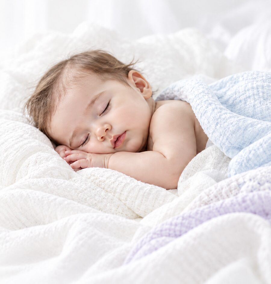 A baby sleeping peacefully on soft white bedding under a pastel blanket