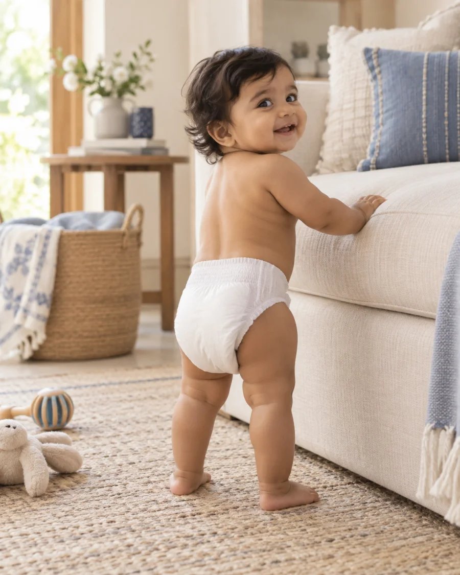 A smiling baby standing safely beside a cream sofa in a bright home