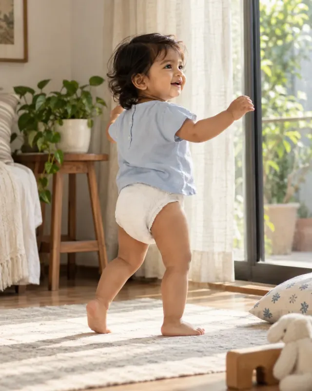 A happy toddler taking first steps in warm window light