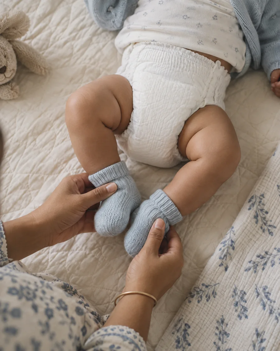 A parent gently putting soft blue socks on a baby resting on a quilt
