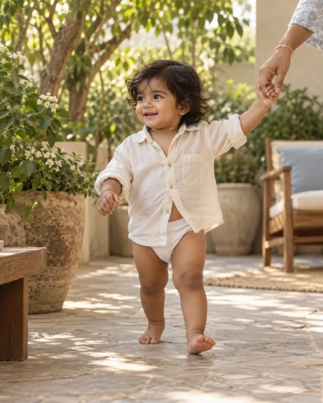 A joyful toddler walking hand in hand with a parent on a garden terrace