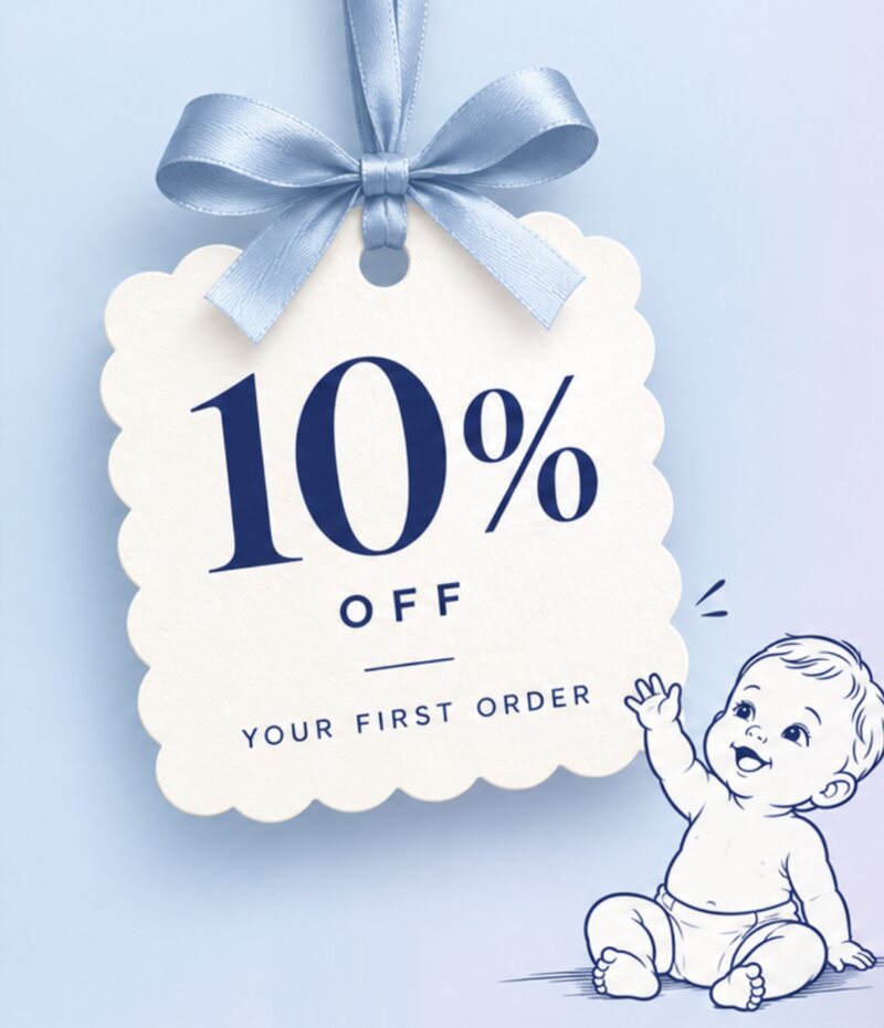 Gift tag with a blue satin ribbon reading 10% off your first order, with a smiling baby reaching up